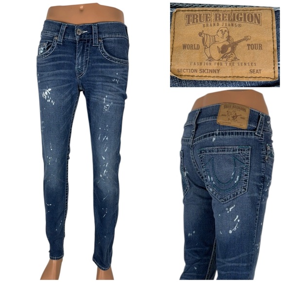 True Religion Men 30 Jeans Skinny No Flap Pockets Blue Contrast Stitch Big T EUC